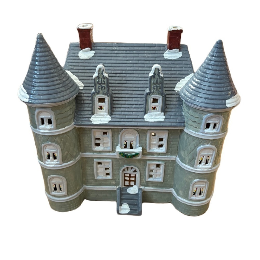 Vintage Yuletide Lakeside Mansion 11 in Tall Christmas Village Gray Holiday